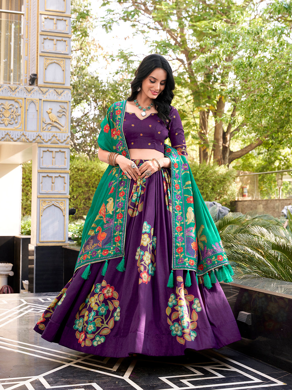 Purple Tussar silk lehenga with foil print and lace work
