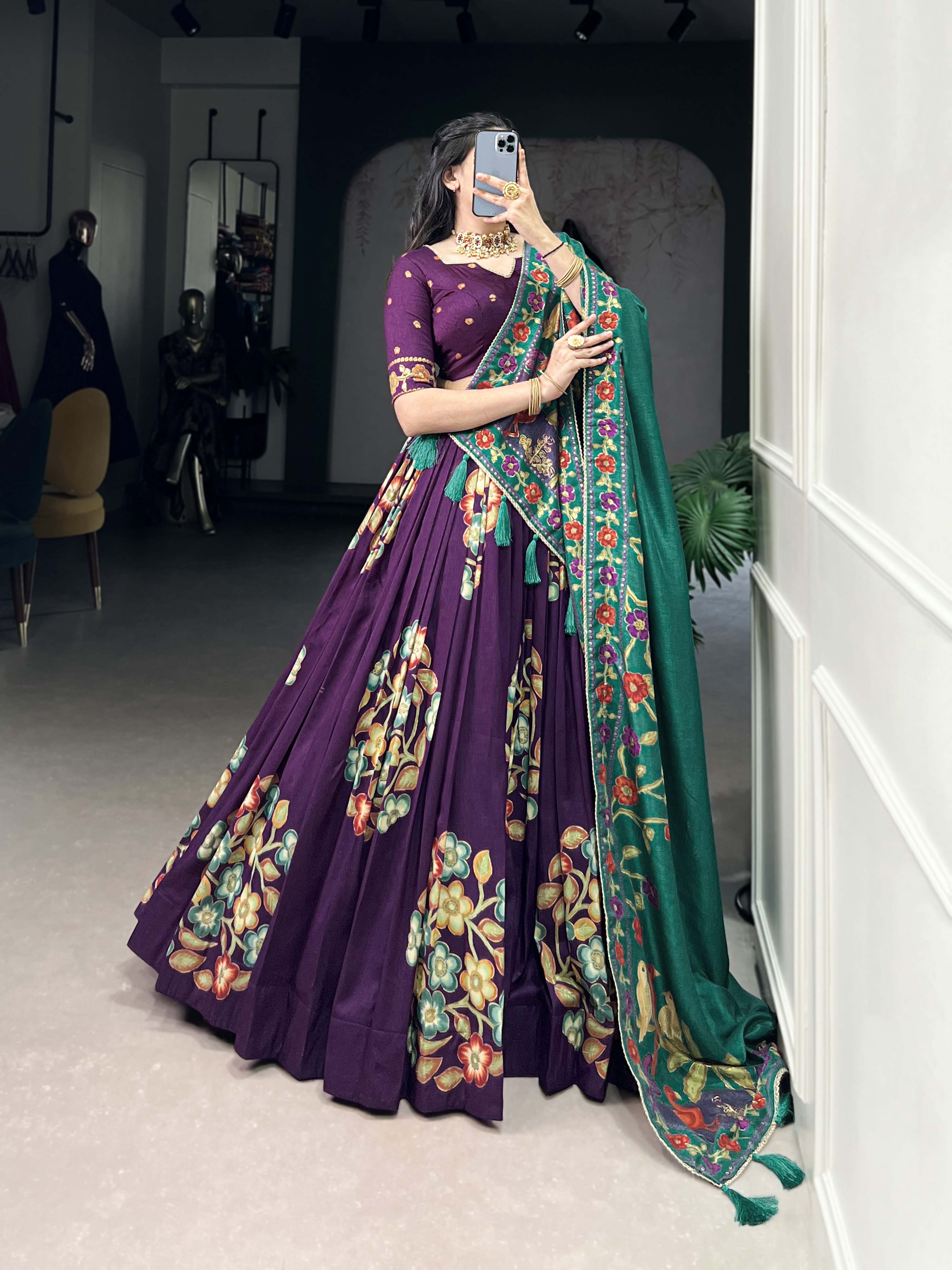 Purple Color Printed And Foil Work Tussar Silk Lehenga Choli