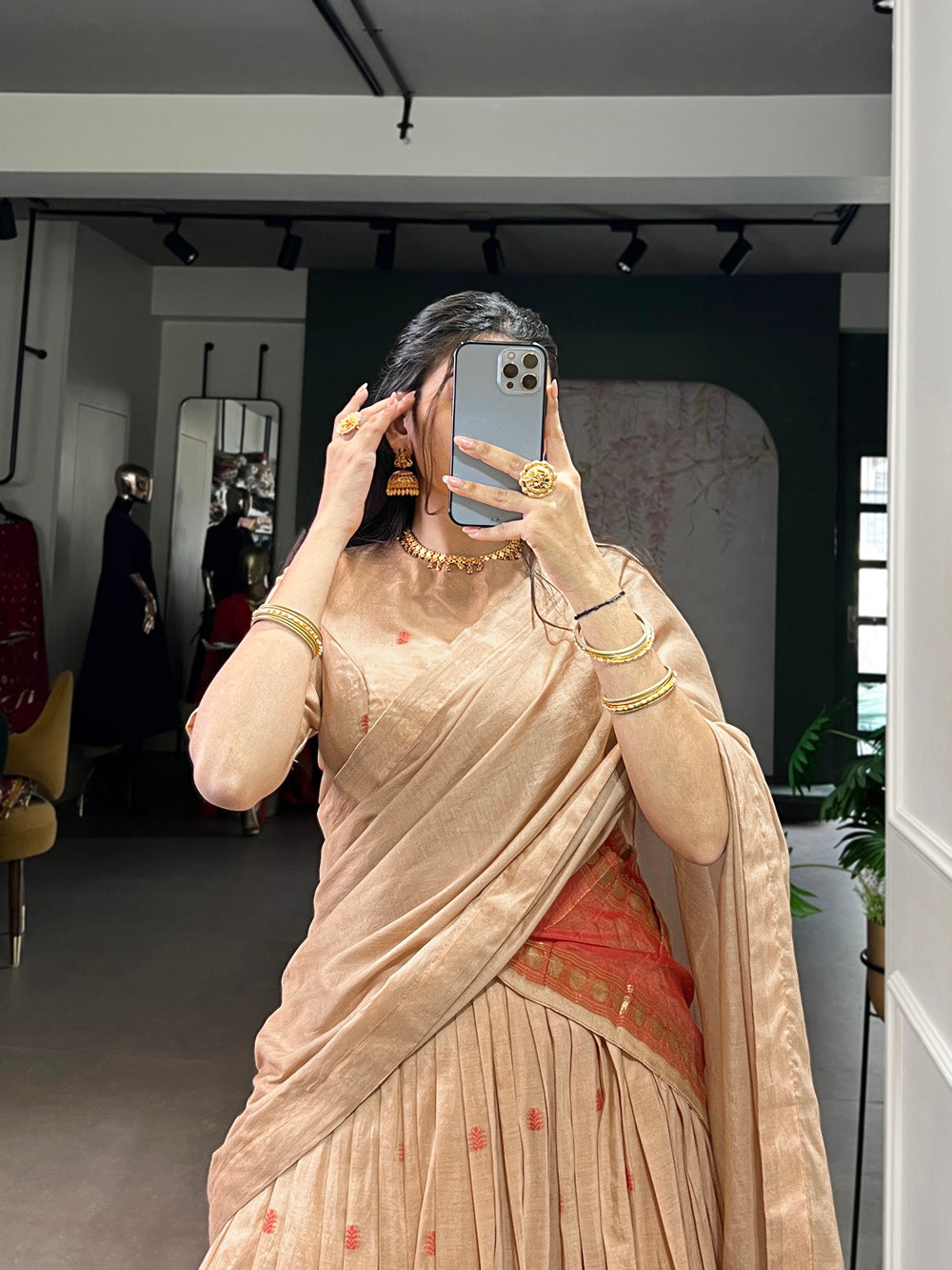 Traditional Cream Chanderi Lehenga for Weddings