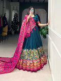 Peacock Blue Color Printed Foil Work Tussar Silk Lehenga Choli