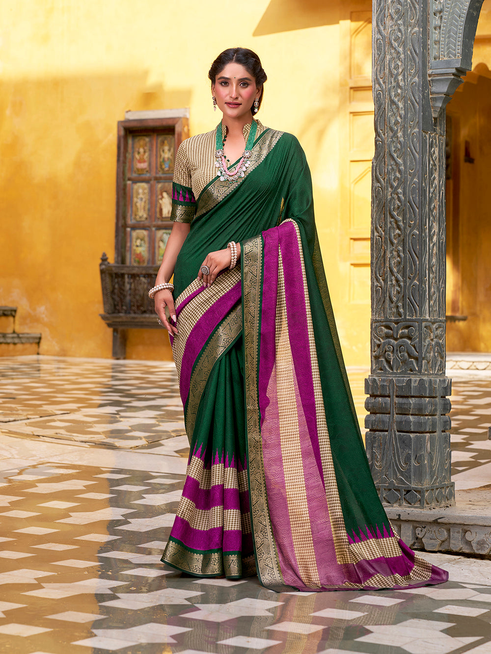 Green saree with zari weaving work