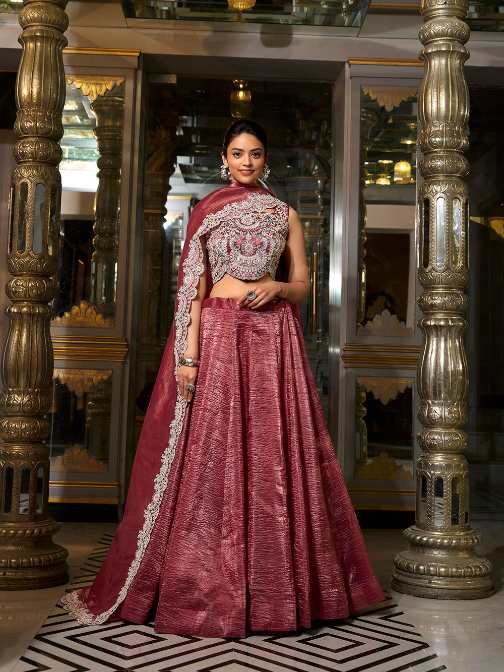 Crimson Color Sequins And Thread Embroidery Work Gold Crush Lehenga Choli
