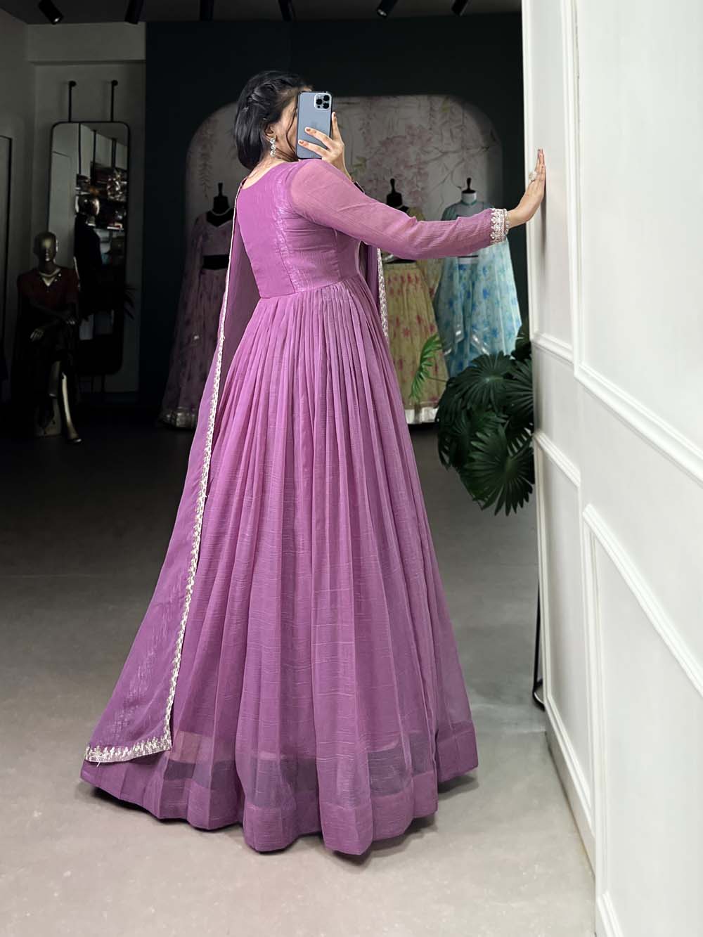 Lavender Color Hotfix With Sequince Lace Border Silver Glory Gown