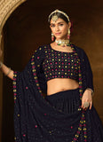 Exclusive Blue Sequins Thread Embroidered Wedding Lehenga