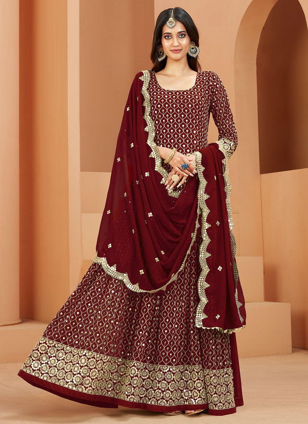 Exquisite Maroon Embroidered Anarkali Suit with Faux Georgette Dupatta