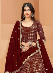 Exquisite Maroon Embroidered Anarkali Suit with Faux Georgette Dupatta