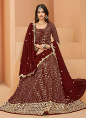 Exquisite Maroon Embroidered Anarkali Suit with Faux Georgette Dupatta