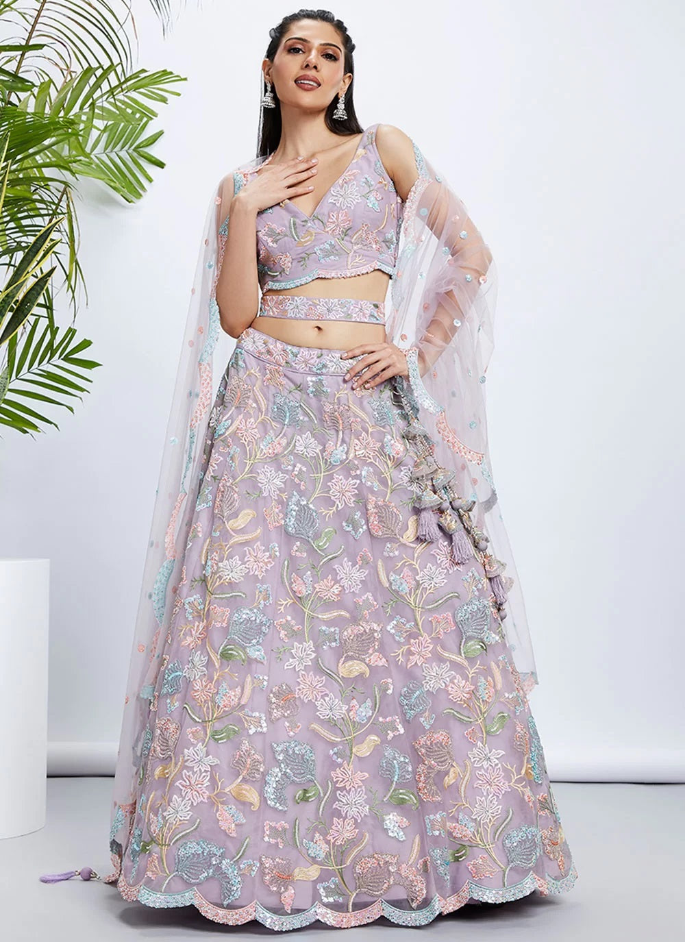 Exquisite Mauve Net Lehenga With Heavy Zarkan & Sequins Embroidery