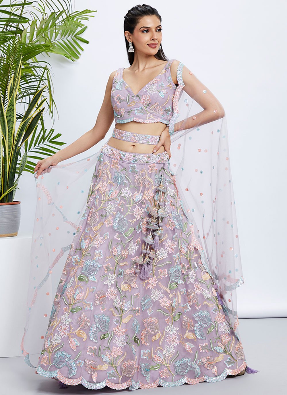 Exquisite Mauve Net Lehenga With Heavy Zarkan & Sequins Embroidery