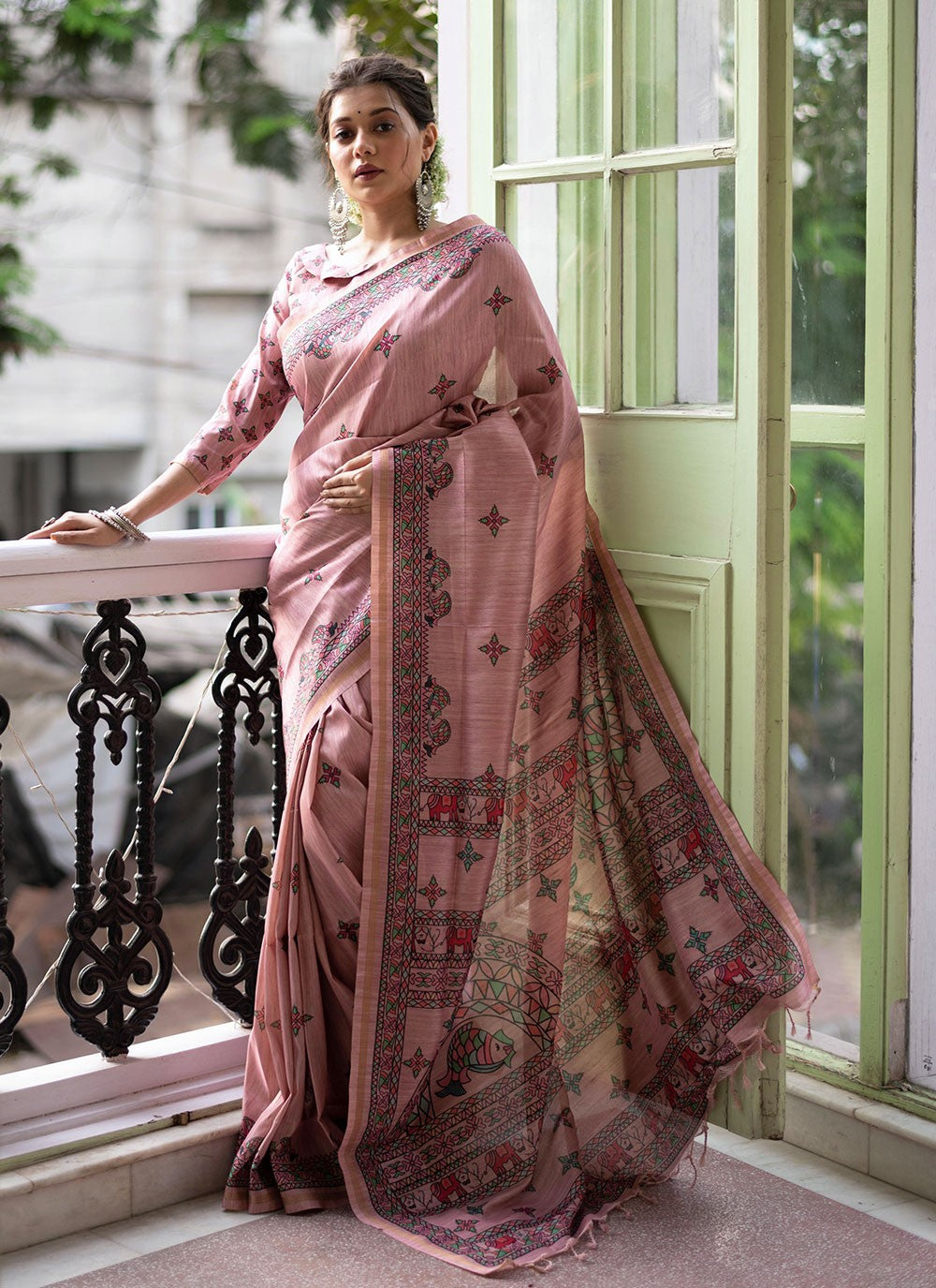 Exquisite Pink Tussar Silk Saree with Madhubani Print Border