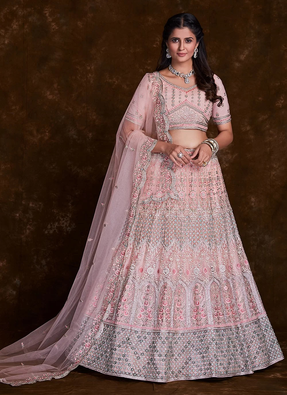 Exquisite Thread Work Net A Line Lehenga Choli