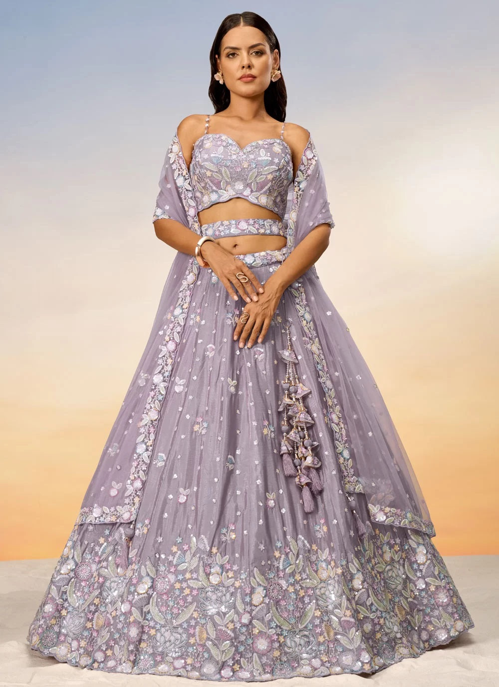 Fabulous Mauve Poly Chiffon Sequins Reception Wear Lehenga Choli