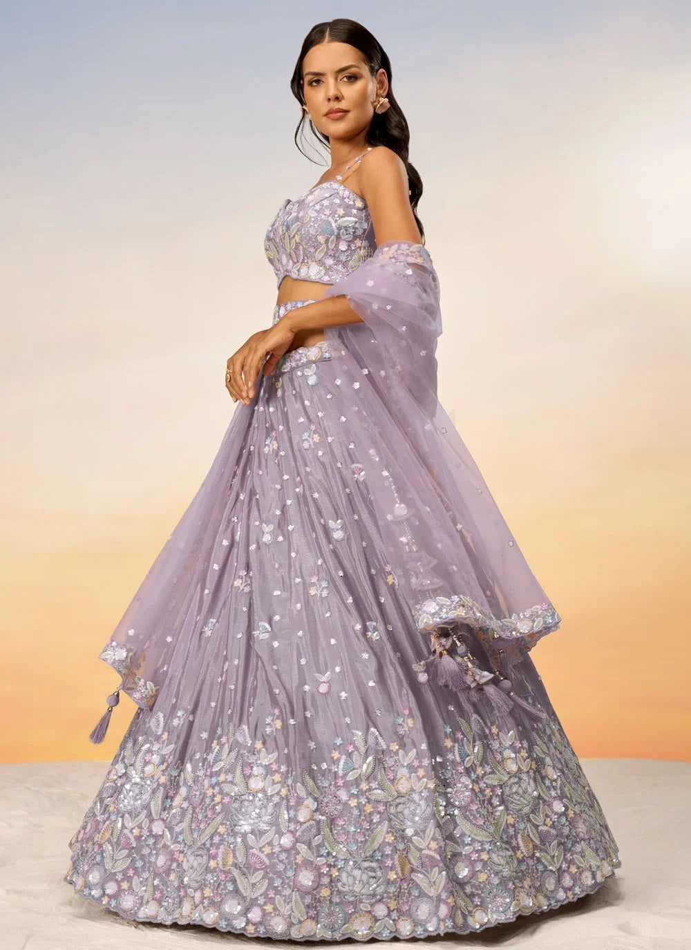 Fabulous Mauve Poly Chiffon Sequins Reception Wear Lehenga Choli