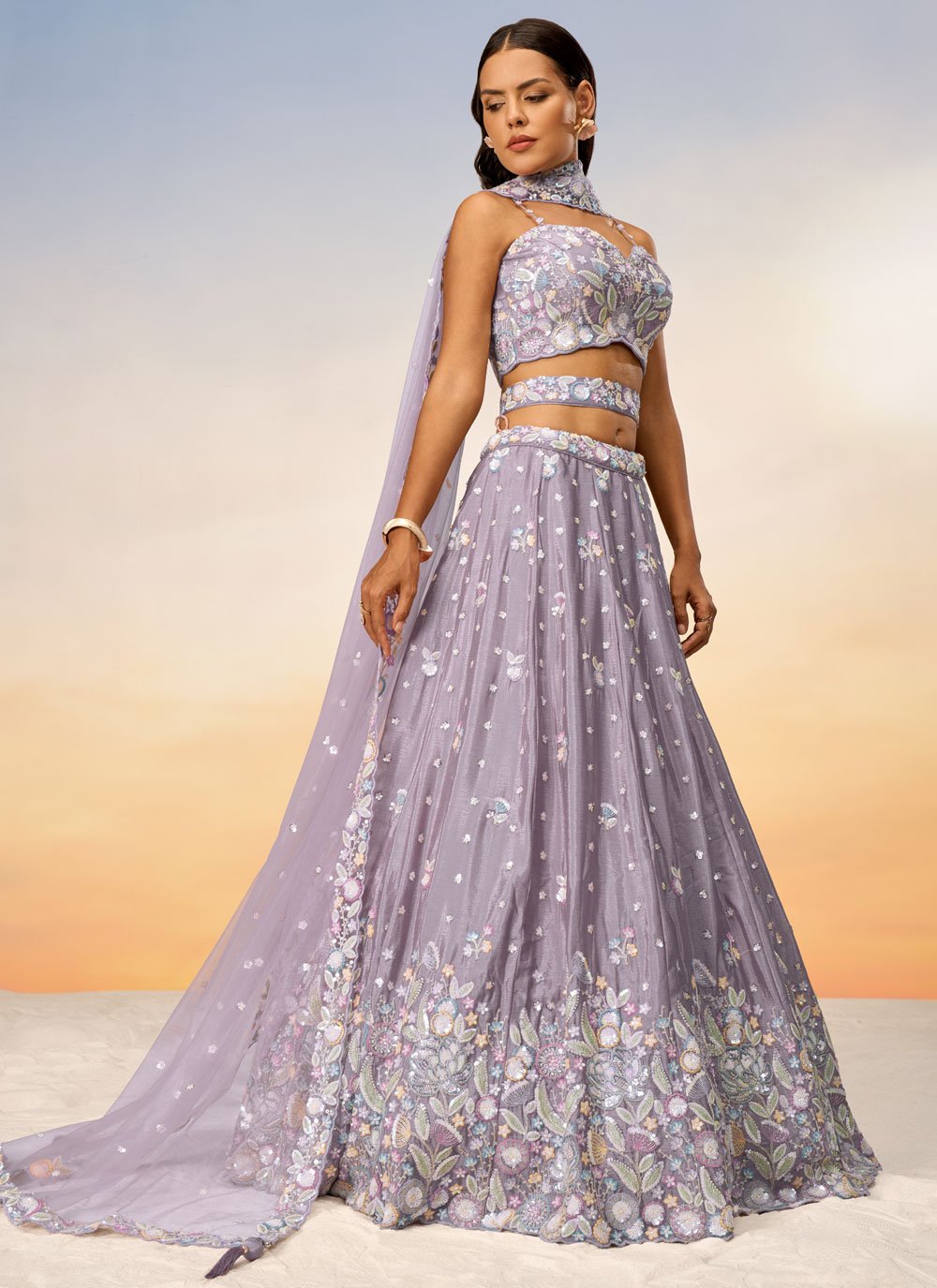 Fabulous Mauve Poly Chiffon Sequins Reception Wear Lehenga Choli