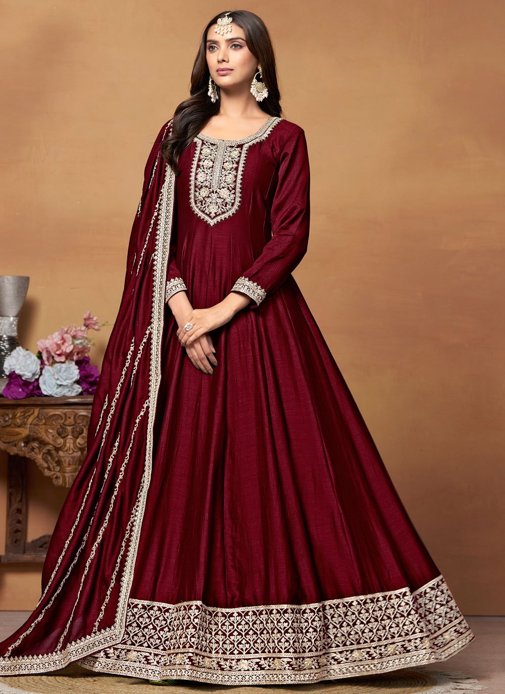 burgundy anarkali dress Bageecha by Idaho Clothing Introducing our stunning maroon Anarkali suit set, beautifully paired with an elegant embroidered dupatta. Crafted for timeless charm and effortless elegance, it's the perfect ensemble for