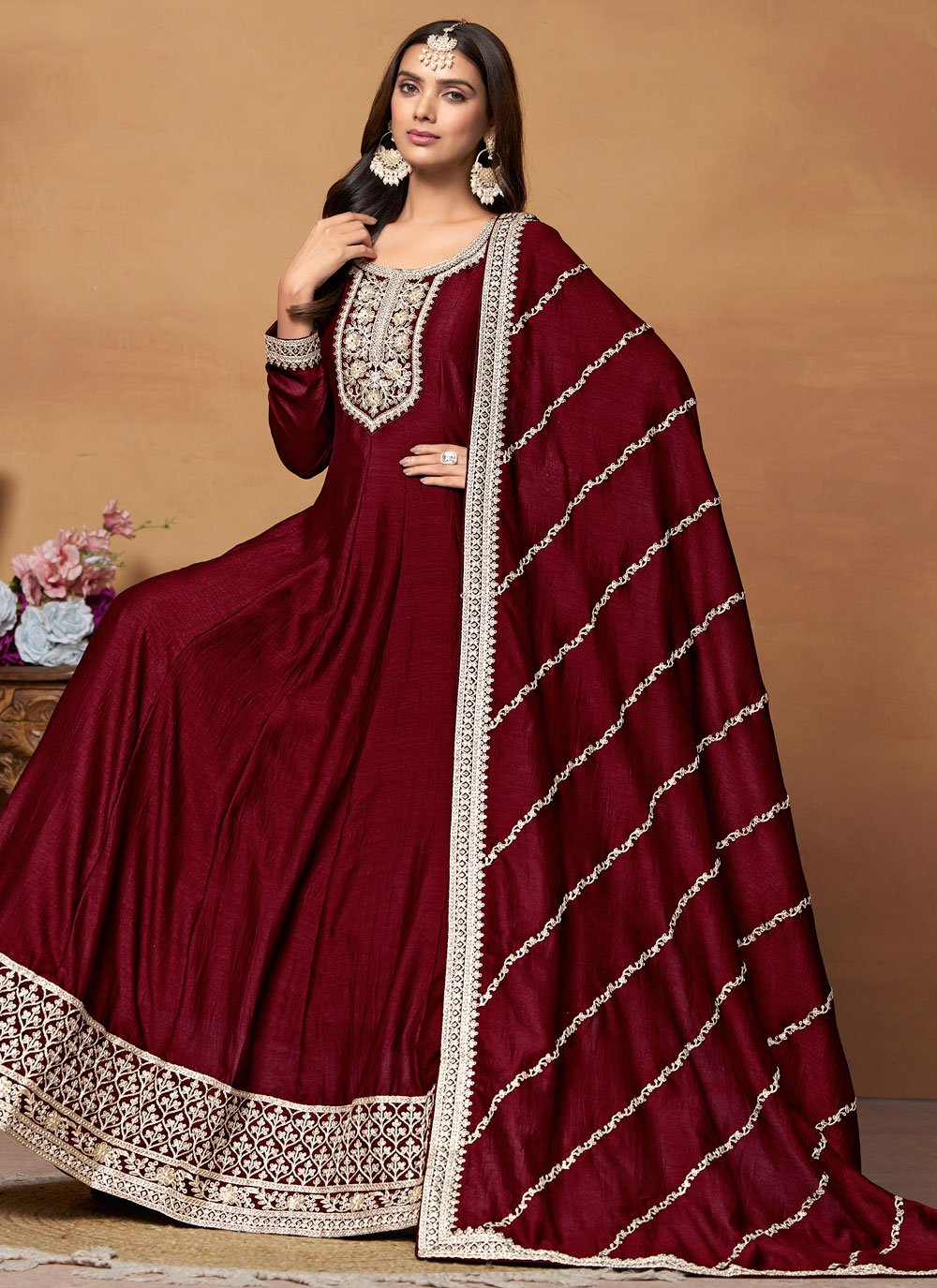 Facinating Maroon Color Art Silk Embroidered Anarkali Suit