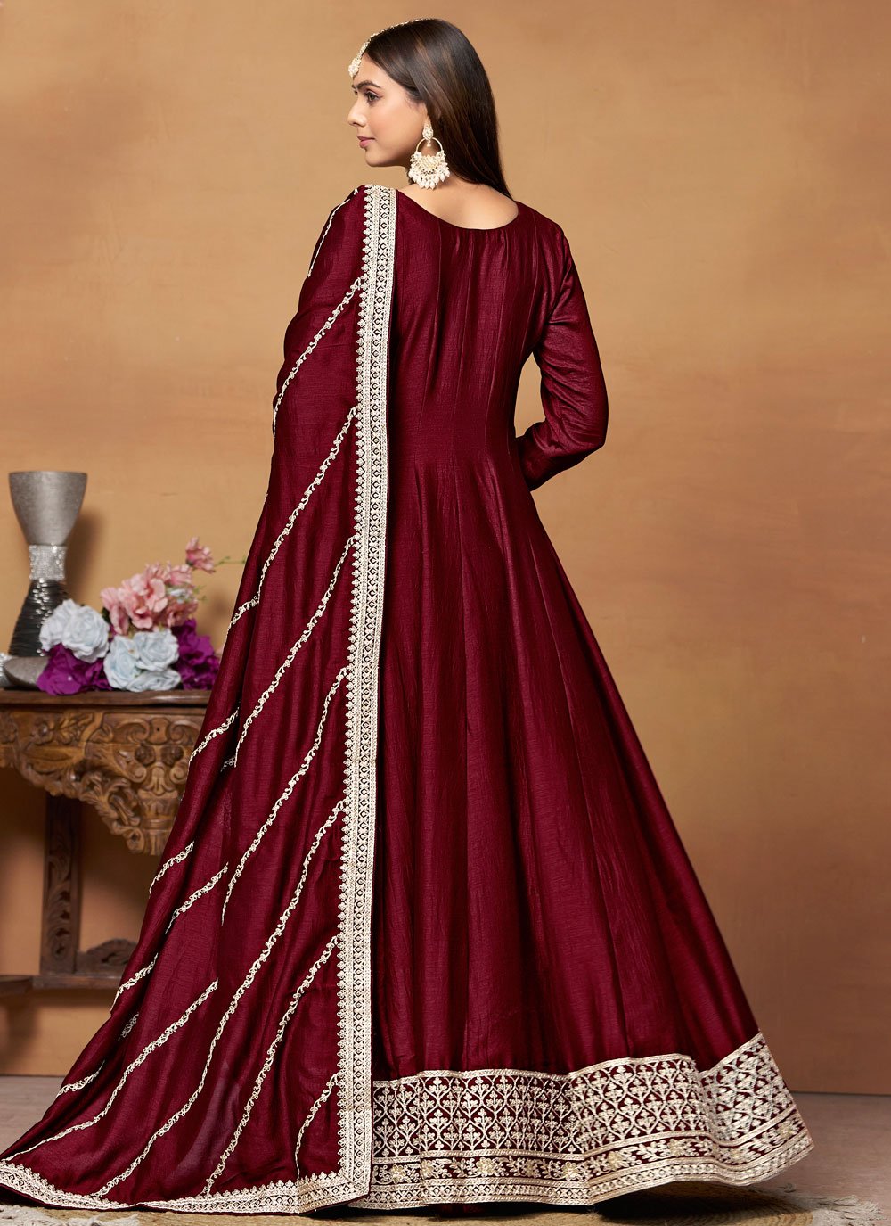 Facinating Maroon Color Art Silk Embroidered Anarkali Suit