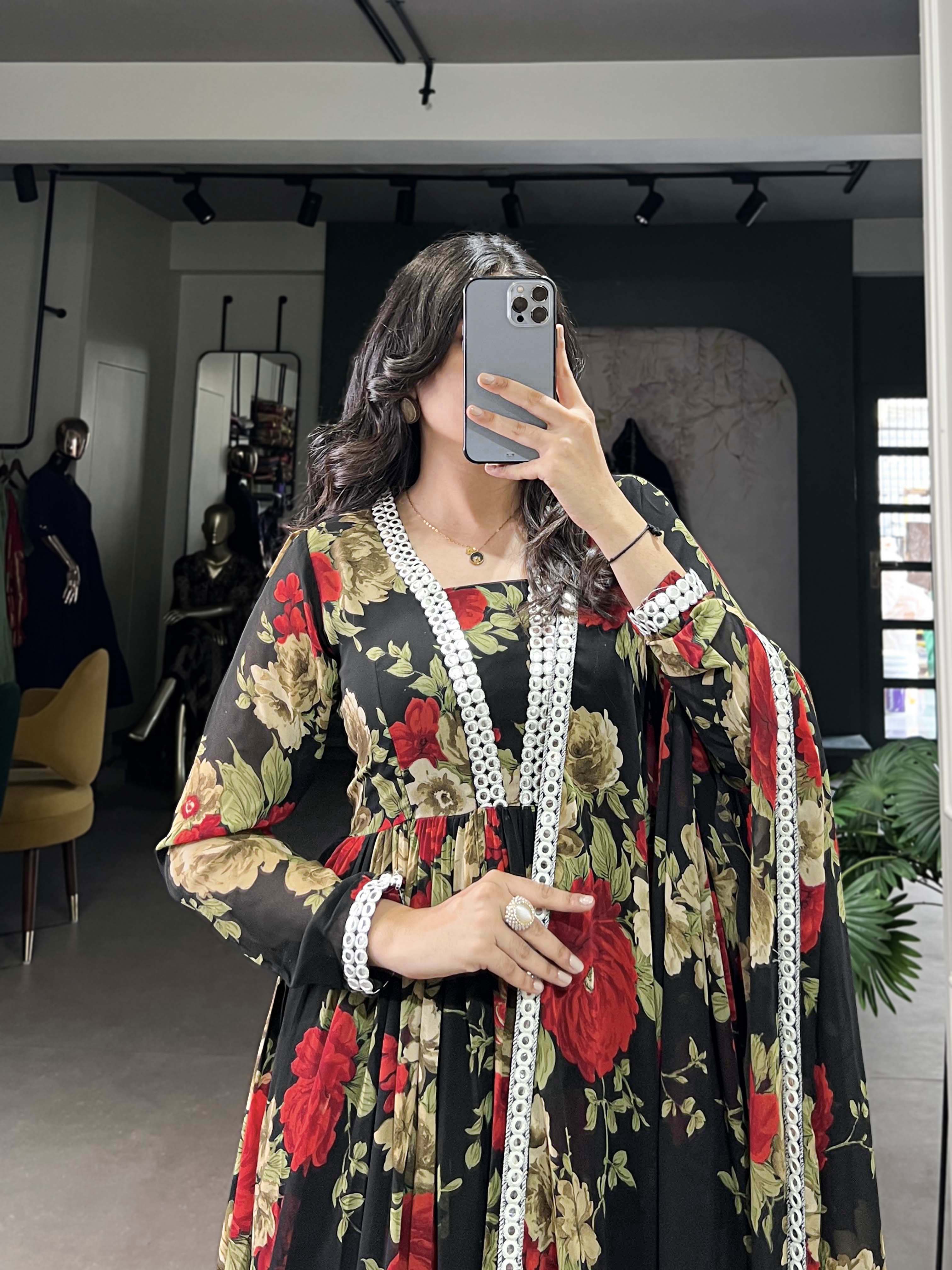 Red Color Floral Printed And Paper Mirror Lace Georgette Gown