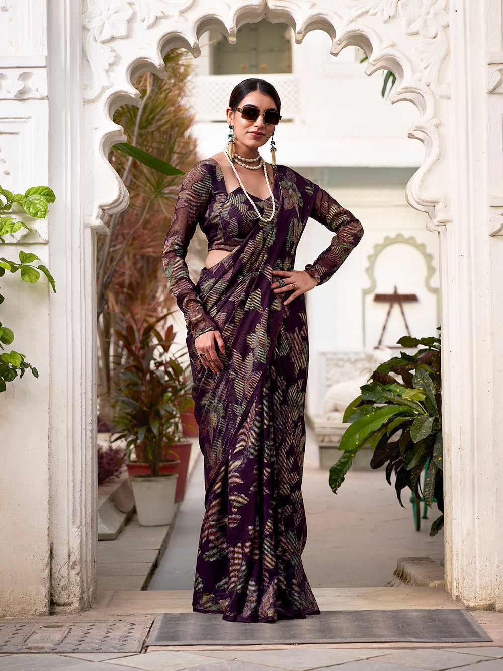 Floral brasso work saree with matching blouse