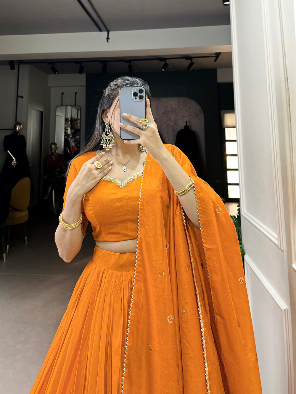 Orange Color Plain  With  Zari Weaving Work Chanderi Lehenga Choli