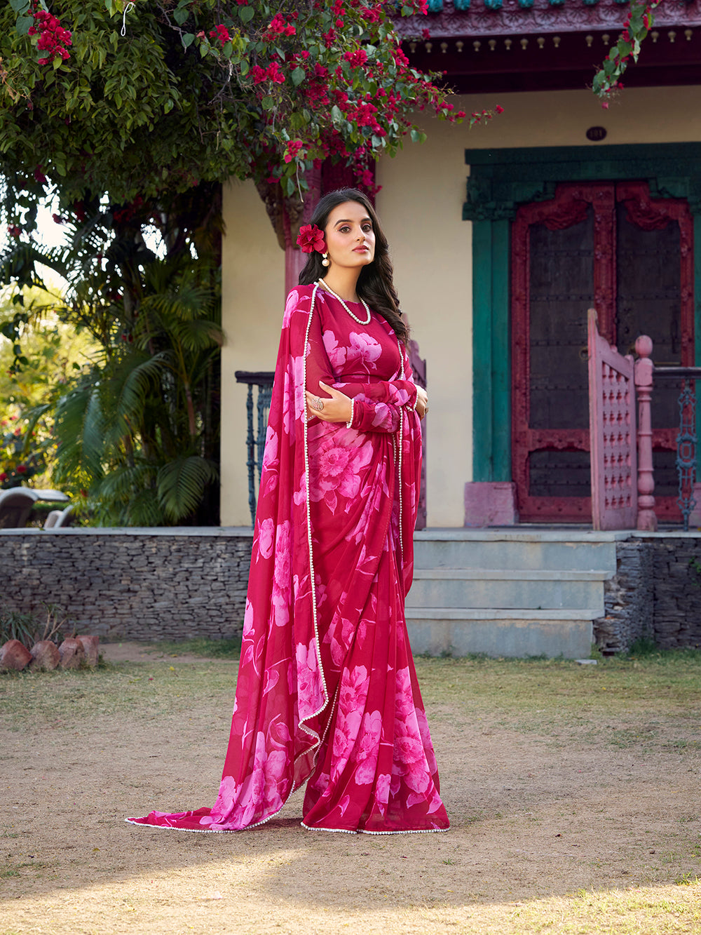 Pink pearl lace border chiffon saree