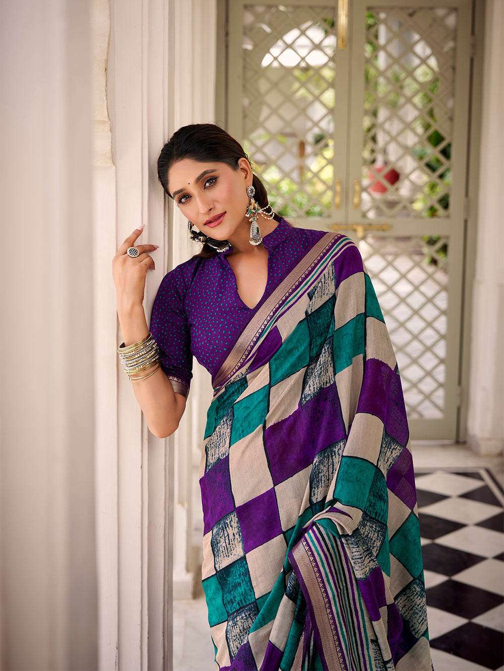 Traditional purple check print saree