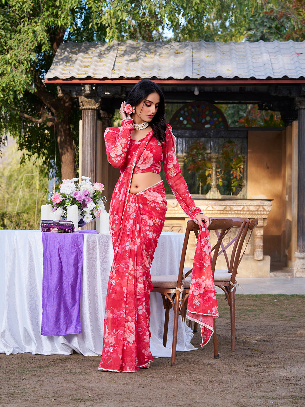 Printed marble saree in red with blouse fabric