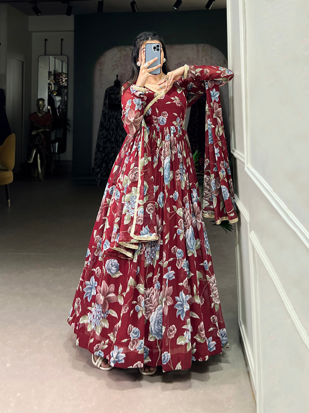 Maroon Color Floral Print With Lace Border Marbel Gown