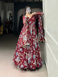 Maroon Color Floral Print With Lace Border Marbel Gown