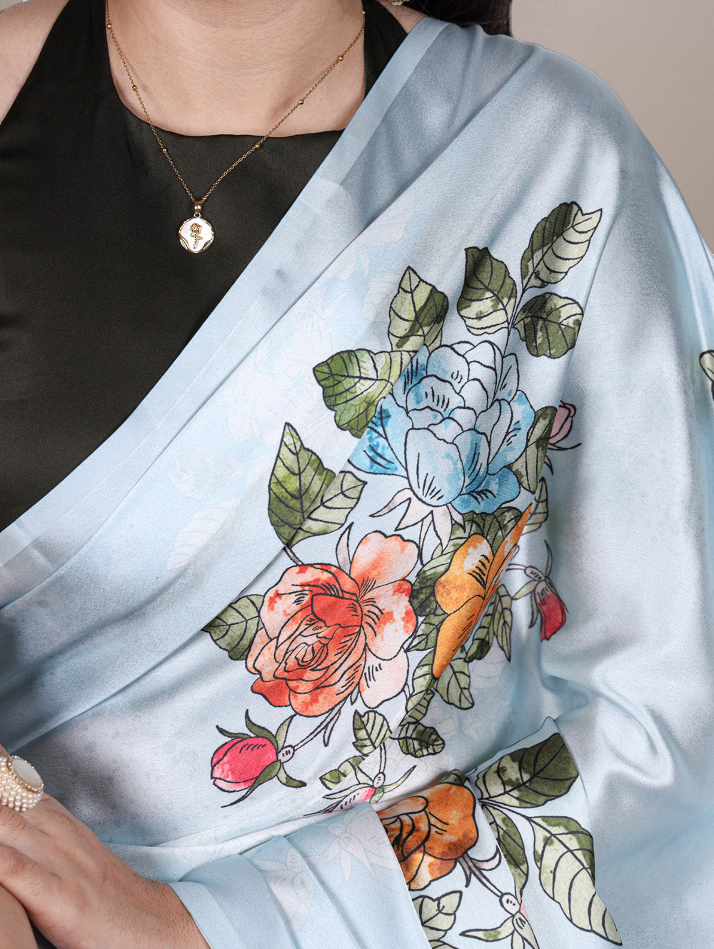 Satin silk sky blue saree with floral design