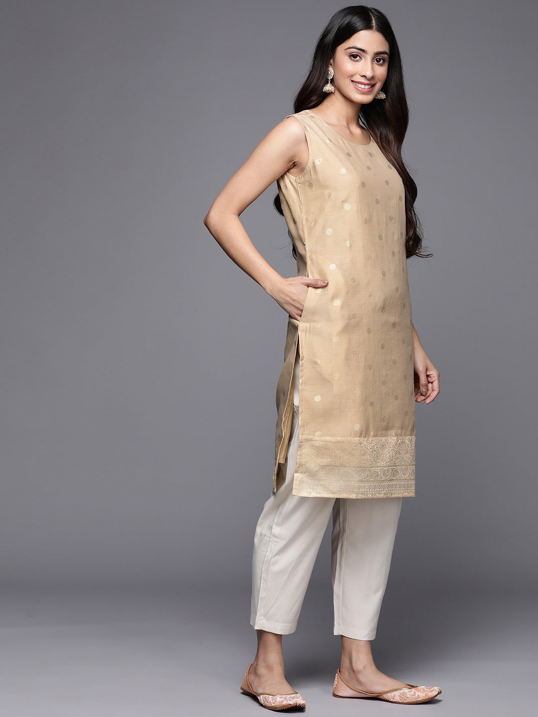 Fashionable Women's Tan Chanderi Printed Tunic