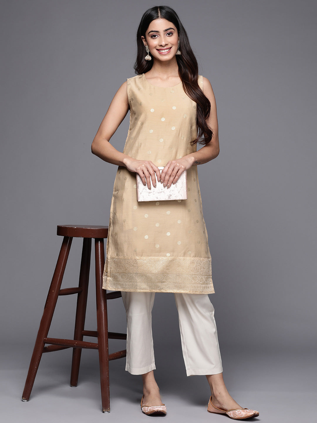 Fashionable Women's Tan Chanderi Printed Tunic