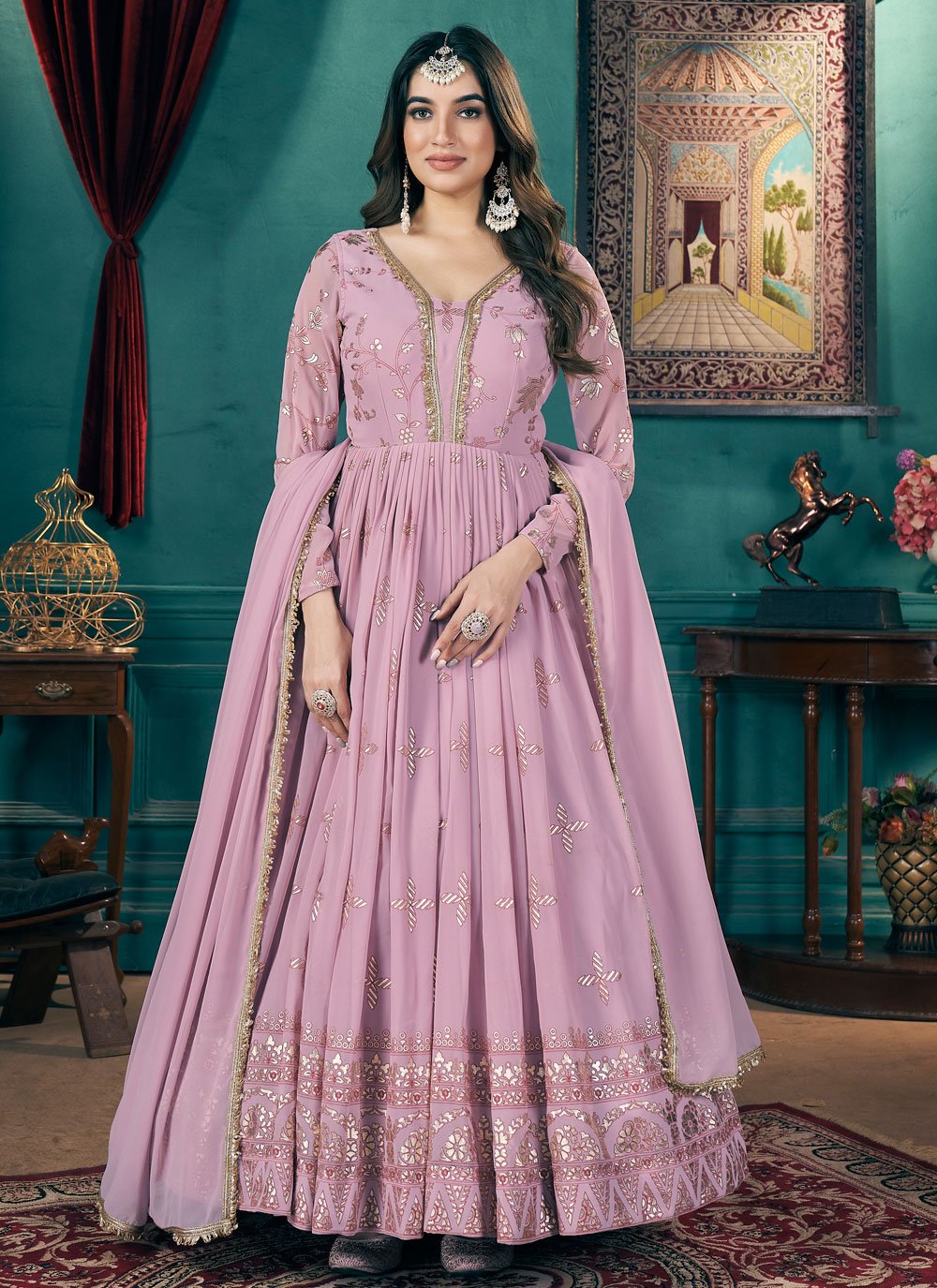 Faux Georgette Anarkali Long Gown with Silk Crepe Lining and Metallic Multi Foil Work In Pink