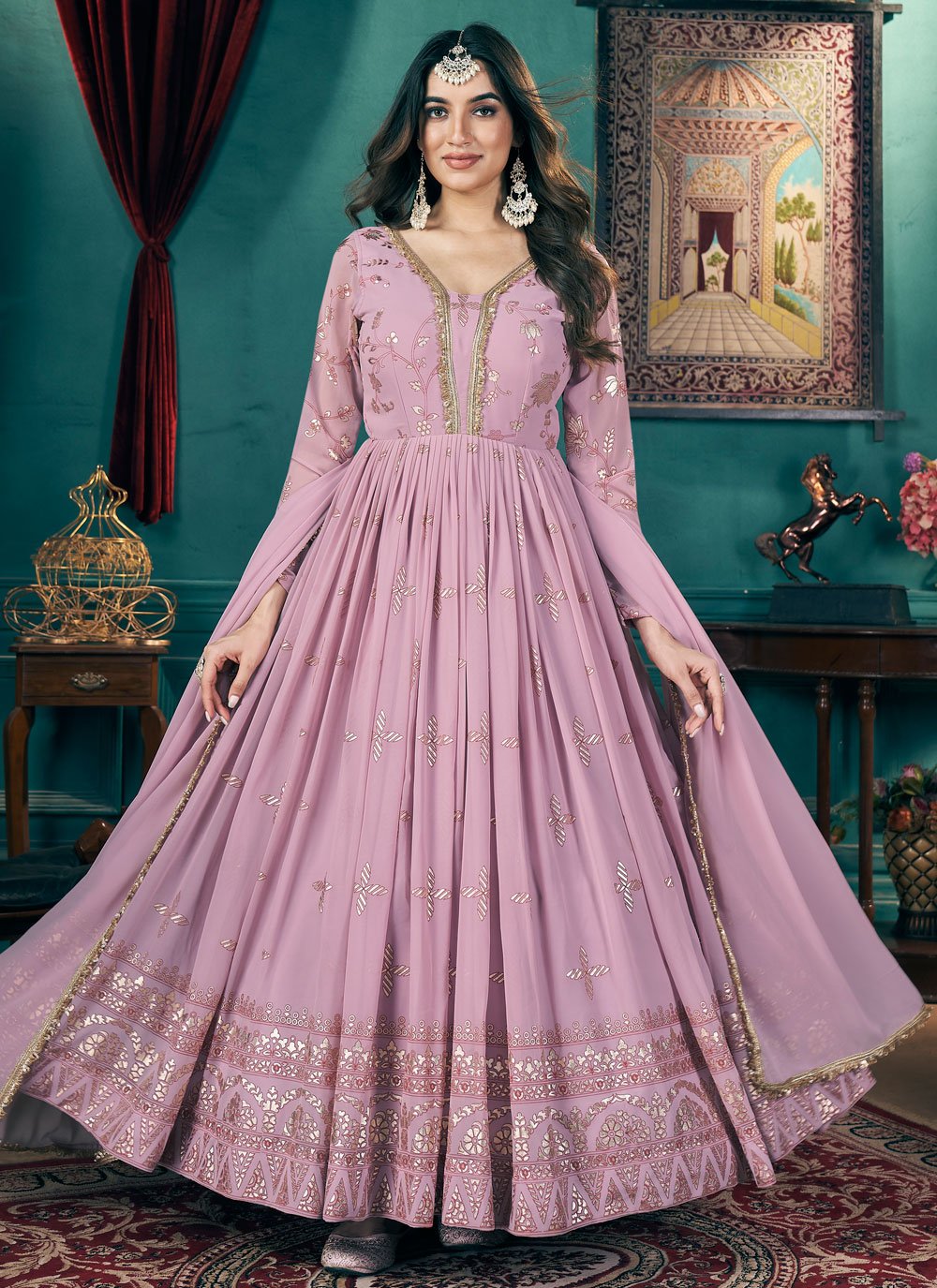 Faux Georgette Anarkali Long Gown with Silk Crepe Lining and Metallic Multi Foil Work In Pink