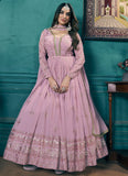 Faux Georgette Anarkali Long Gown with Silk Crepe Lining and Metallic Multi Foil Work In Pink