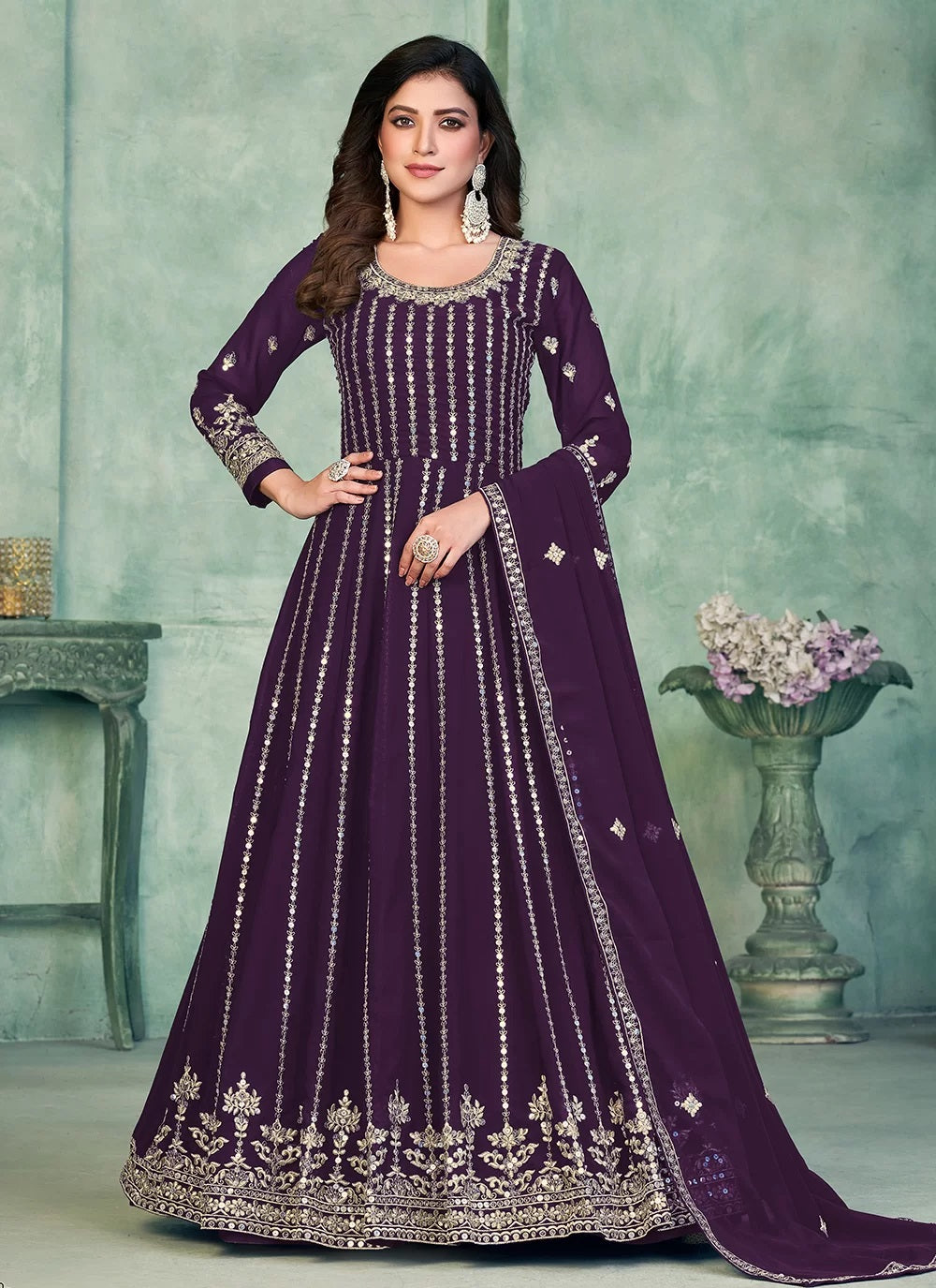 Faux Georgette Embroidered Anarkali Dress In Purple