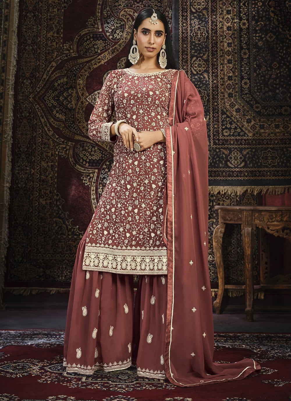 Faux Georgette Embroidered Palazzo Salwar Kameez