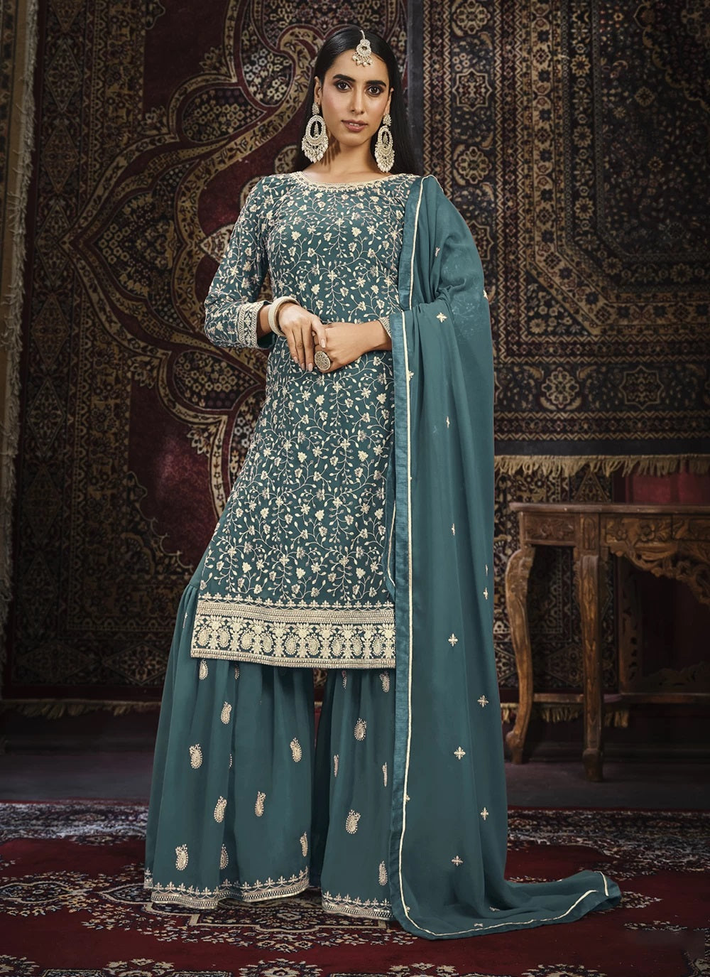Faux Georgette Embroidered Palazzo Salwar Suit In Teal