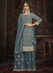 Faux Georgette Embroidered Palazzo Salwar Suit In Teal