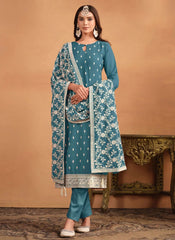 Faux Georgette Embroidered Plus size Suit for women in Teal