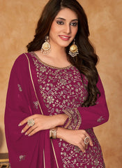 Faux Georgette Embroidered Sharara Set In Magenta