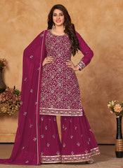 Faux Georgette Embroidered Sharara Set In Magenta