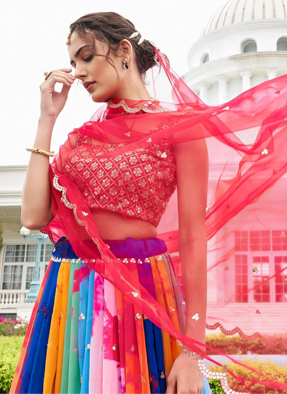 Faux Georgette Multicolor Embroidered Lehenga With Net Dupatta