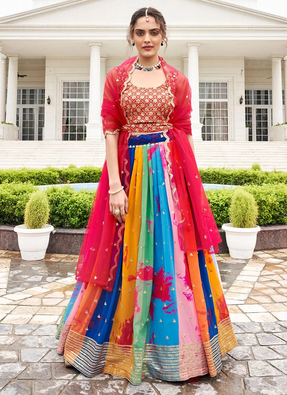 Faux Georgette Multicolor Embroidered Lehenga With Net Dupatta