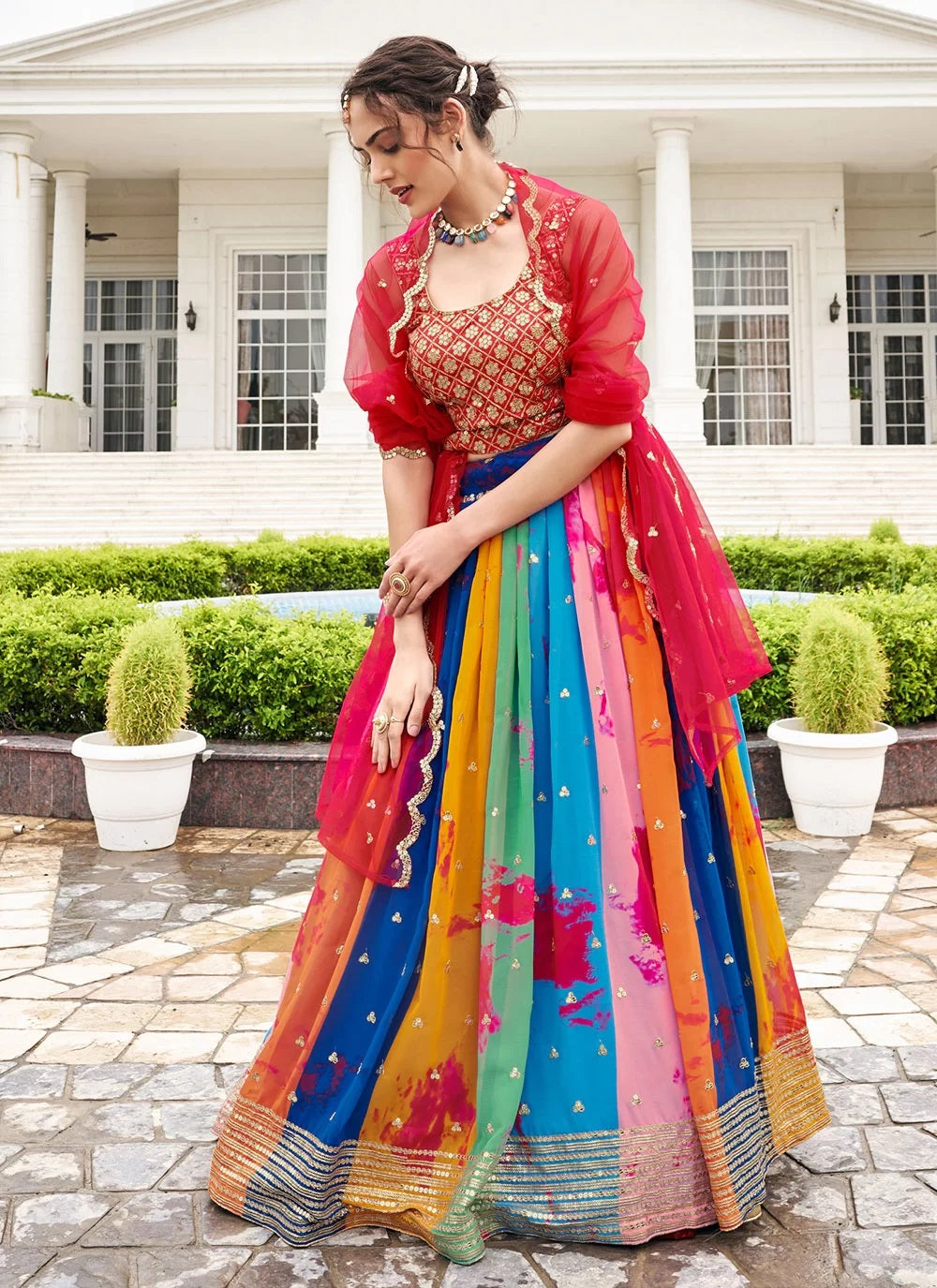 Faux Georgette Multicolor Embroidered Lehenga With Net Dupatta