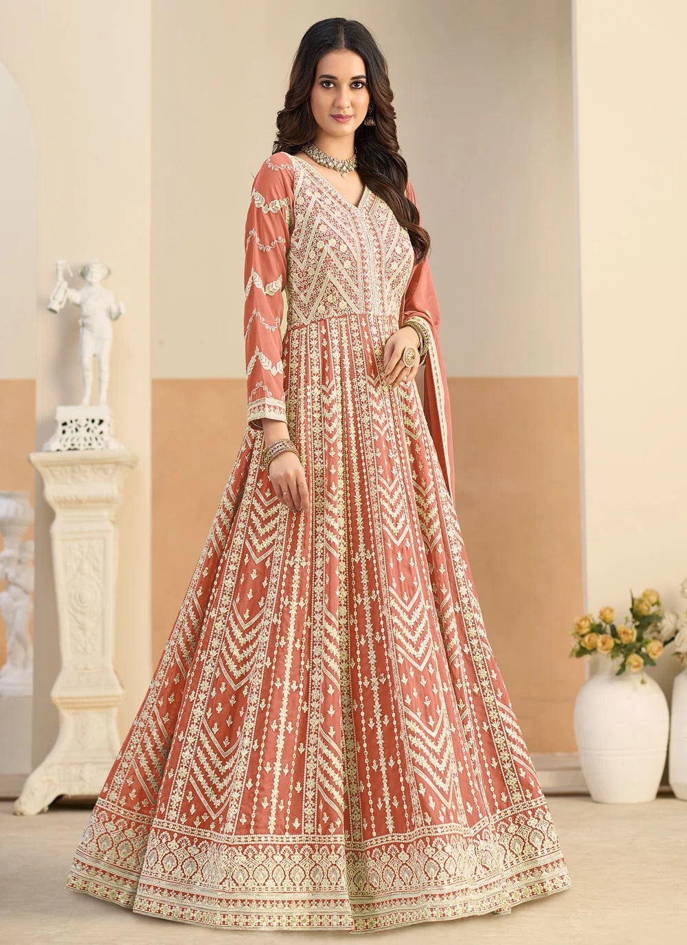 Stylish pastel ethnic outfit with embroidery work