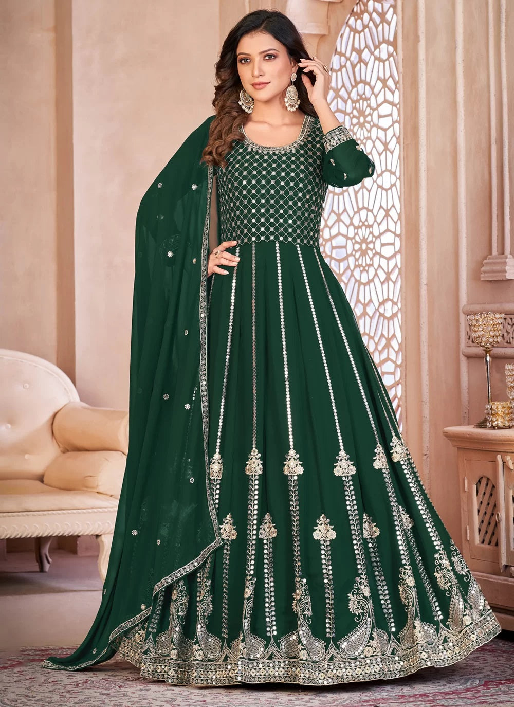 Faux Georgette Reception Salwar Kameez in Green with Embroidery work