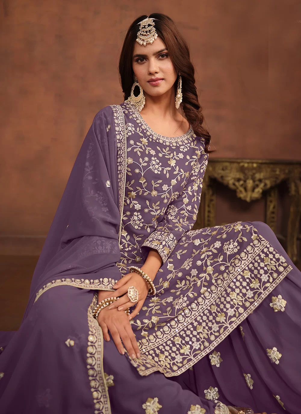 Faux Georgette Sequins Embroidered Sharara Suit In Purple