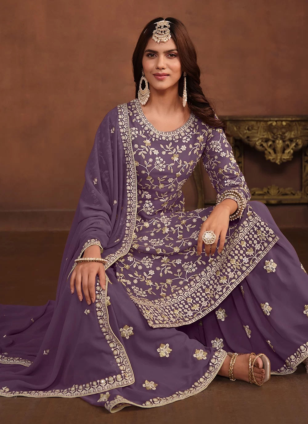 Faux Georgette Sequins Embroidered Sharara Suit In Purple