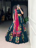 Peacock Blue Color Printed And Foil Work Tussar Silk Lehenga Choli